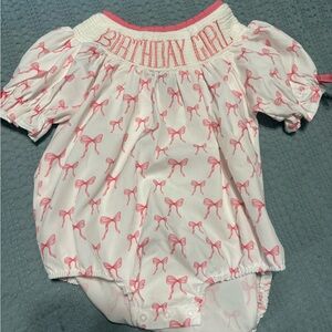 Birthday Girl Pink Bow Smocked Baby Romper